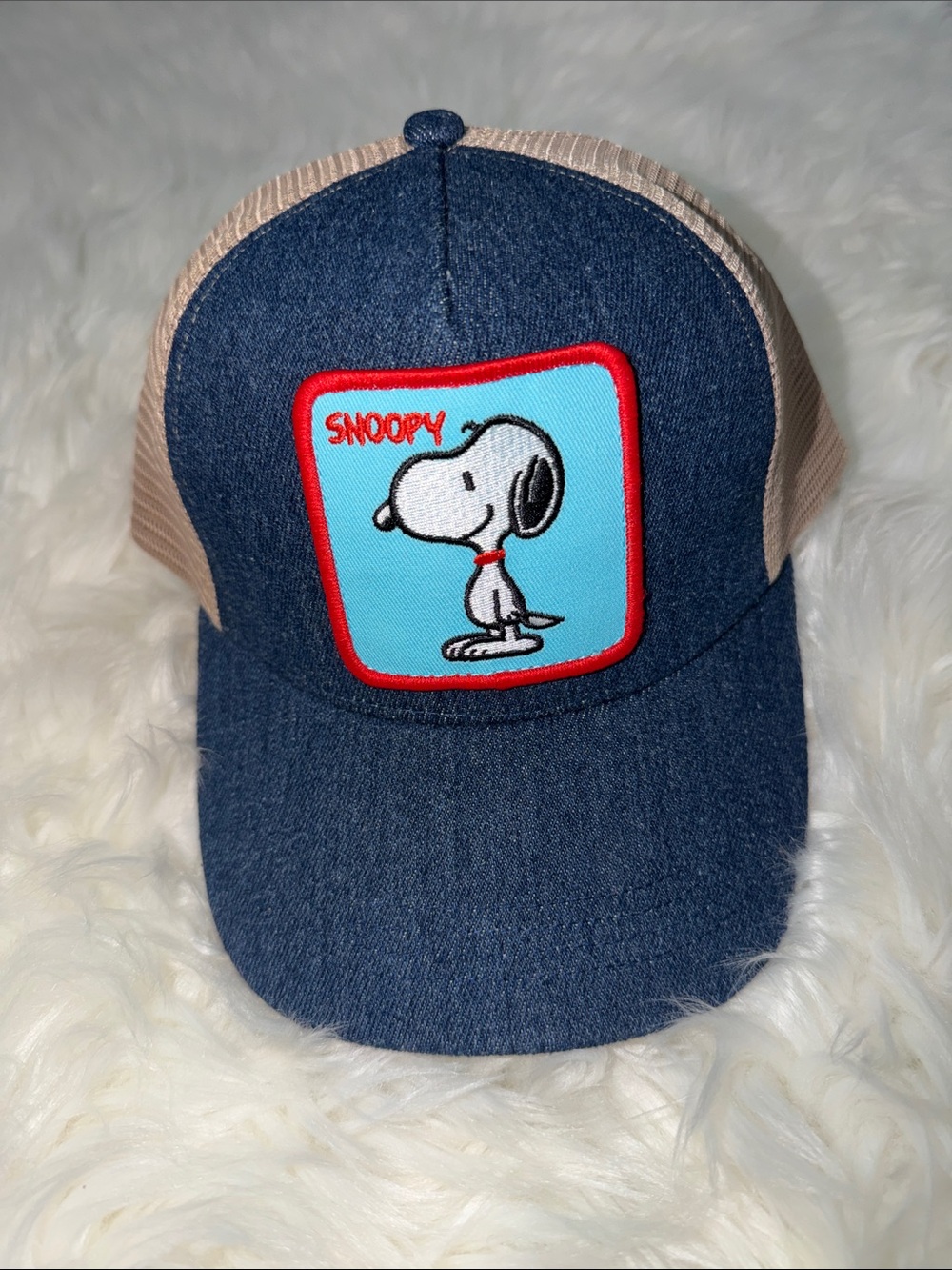 Peter Grimm Snoopy Trucker Hat - Navy Blue & Tan with Red Trim